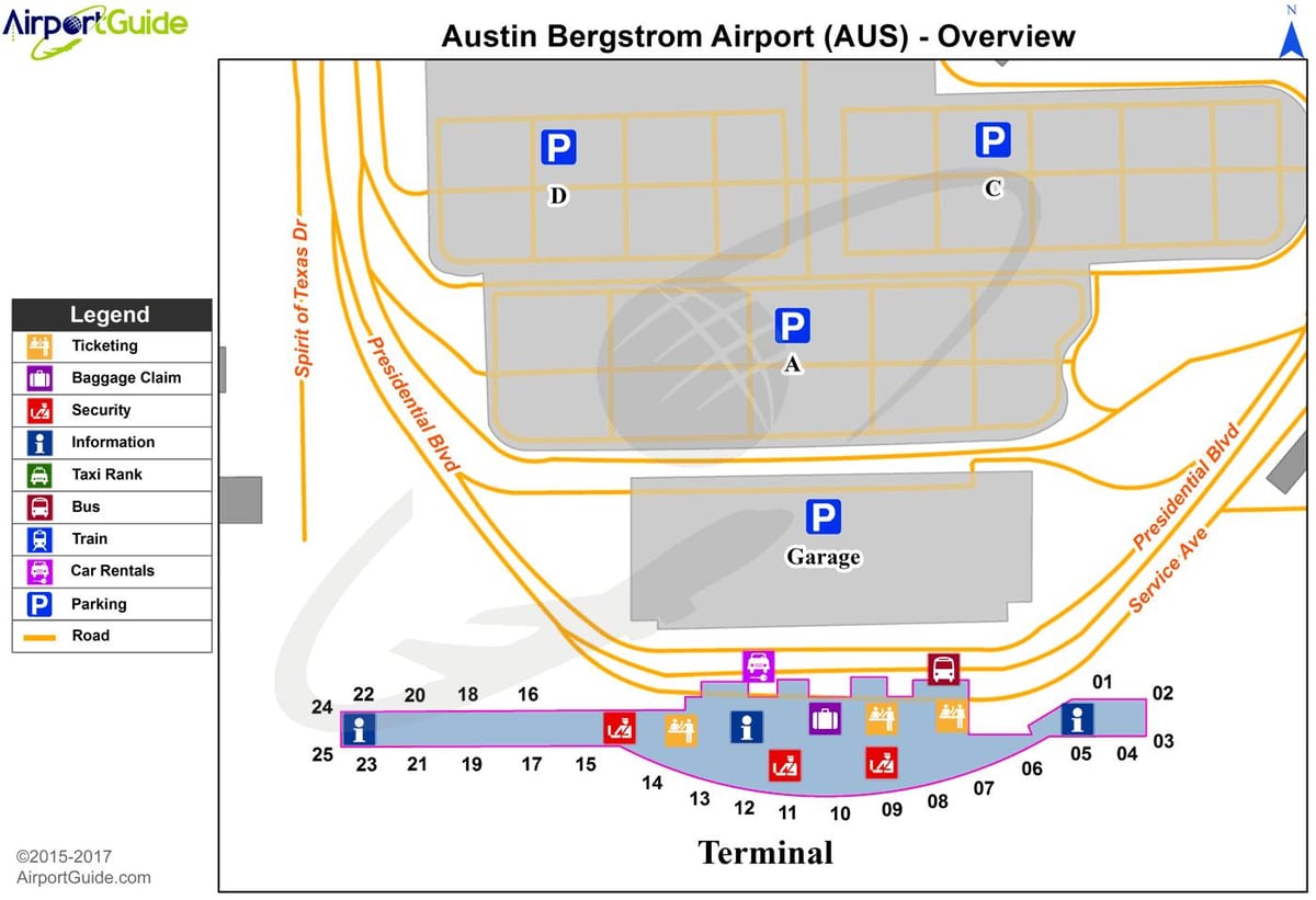 Austin Bergstrom mezinárodní letiště mapě