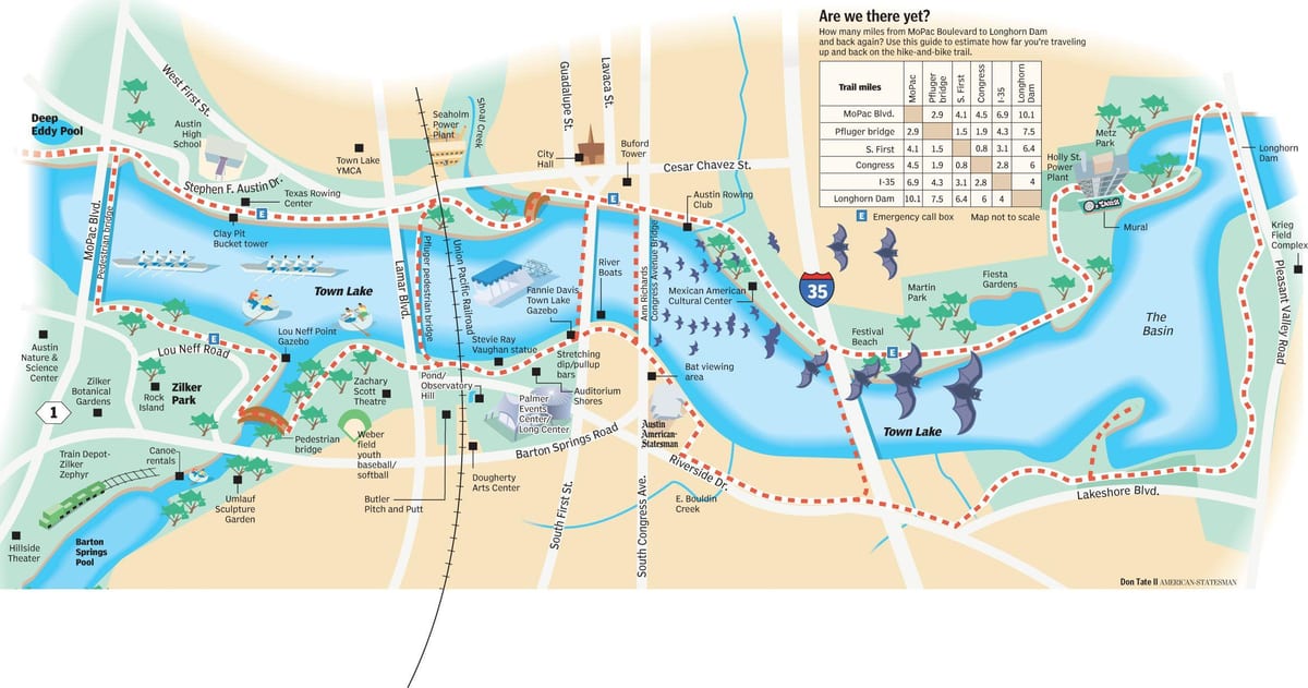 pěší a cyklistické stezky Austin mapě