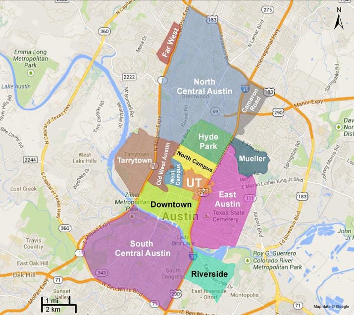 mapa Austin předměstí