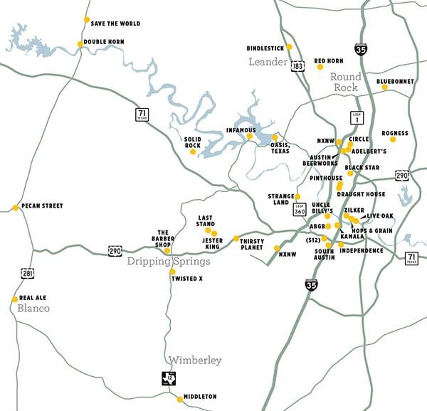 mapa Austin pivovaru