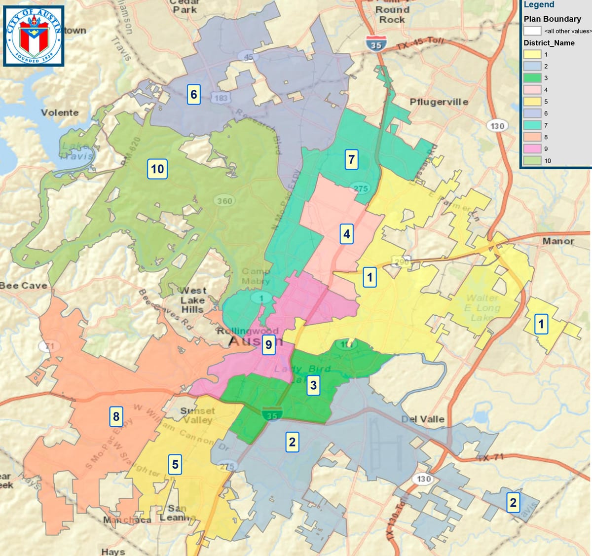 mapa Austin rada města okresní